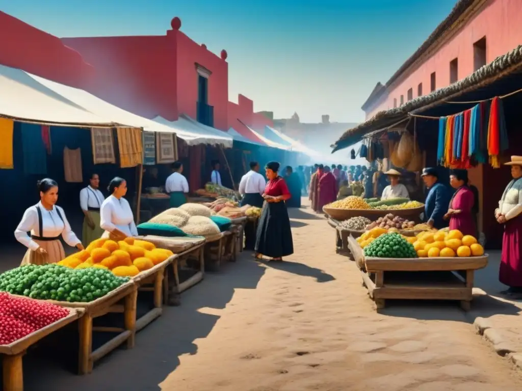 Vibrante mercado del siglo XIX en México, reflejando la historia del linaje Juárez con colores y detalles tradicionales