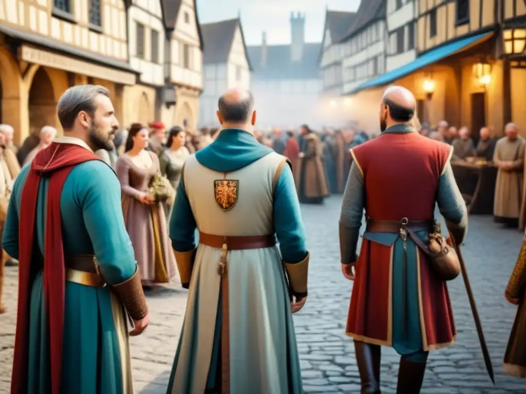 Vibrante plaza medieval con escudo heráldico sobre entrada, reflejando la importancia de los apellidos en la sociedad