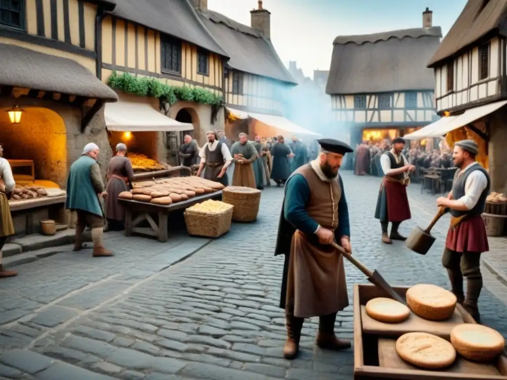 Vibrante plaza medieval con numerosas actividades y personajes detallados