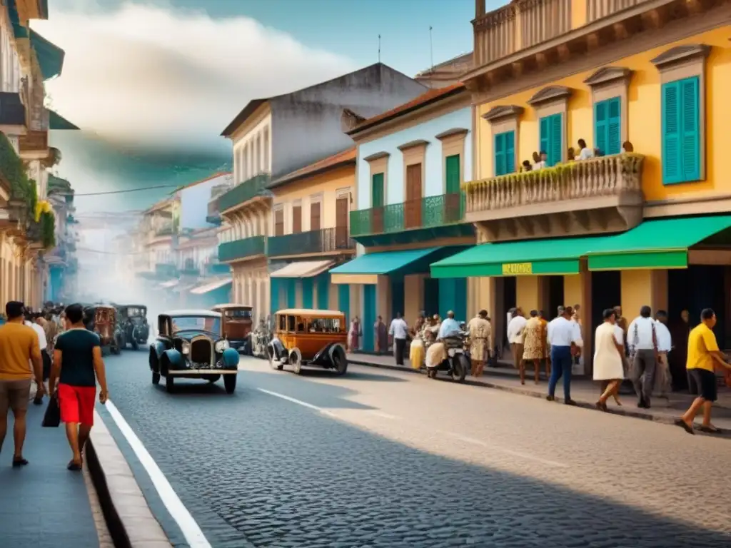 Un vibrante retrato sepia de una calle histórica en Brasil, reflejando la diversidad cultural y la evolución de los apellidos brasileños