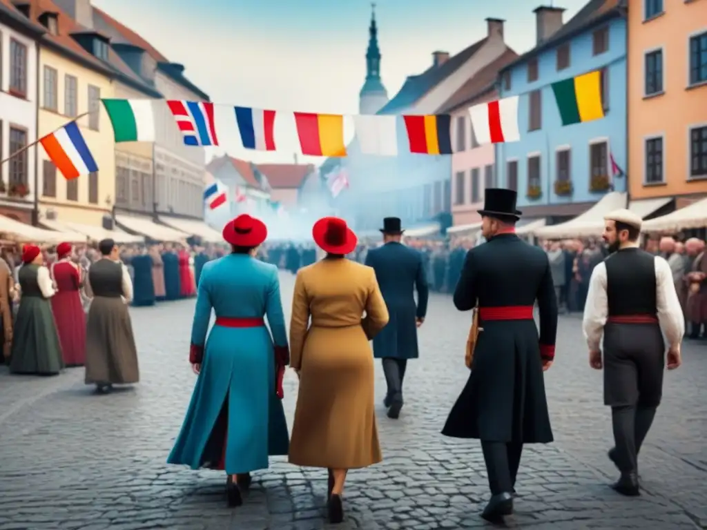 Un vibrante retrato de la historia de los apellidos de las minorías en Europa, con personas de diferentes culturas en una plaza histórica