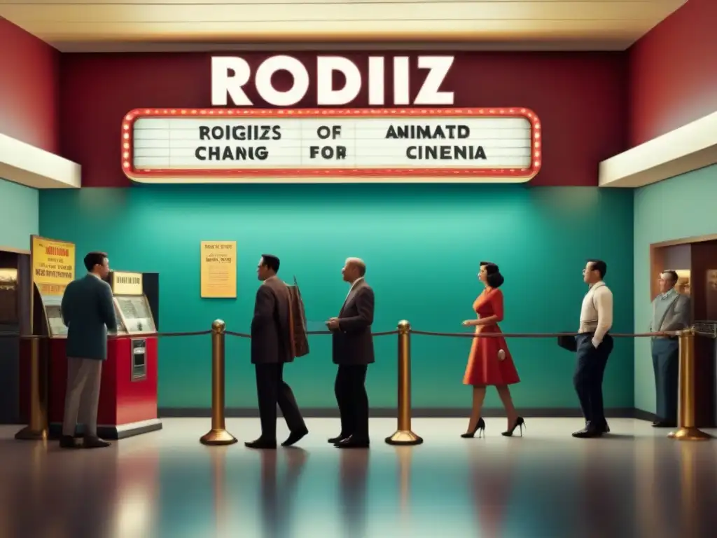 Un vibrante vestíbulo de cine de los años 50 con carteles animados de 'Rodríguez,' 'Chang' y 'Dubois', reflejando la historia de los apellidos en la cultura y la animación