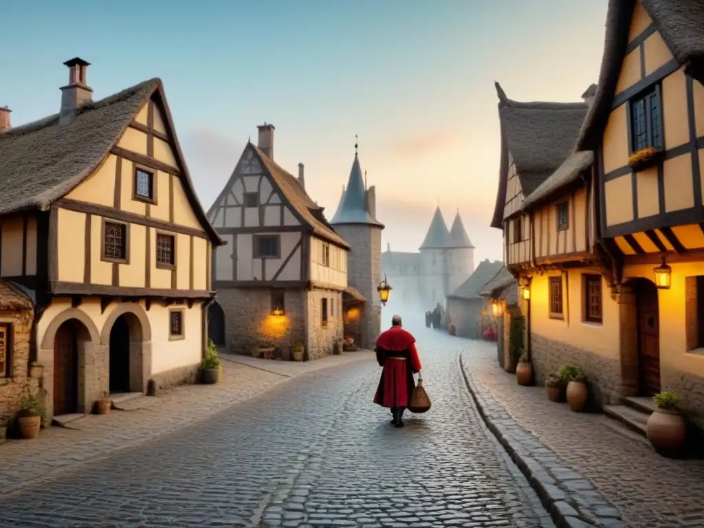 Vida medieval en un pueblo: calles empedradas, casas de madera, aldeanos y un castillo al fondo, evocando la historia de apellidos en genealogía