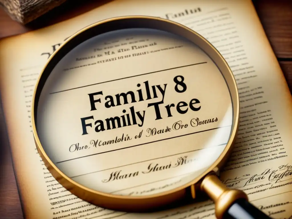 Explorando el árbol genealógico: detalle vintage Un viejo árbol genealógico amarillento bajo una lupa detallada