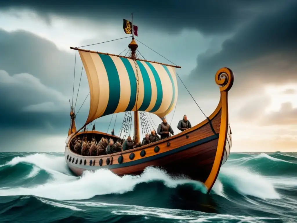 Un vikingo navega en un barco por mares tormentosos llenos de nubes oscuras