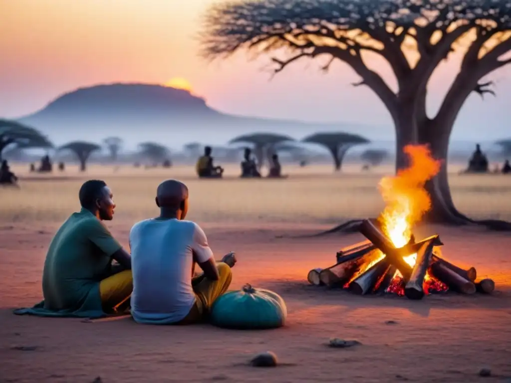 Villagers africanos escuchan anciano contar historias alrededor de fogata en la sabana al atardecer