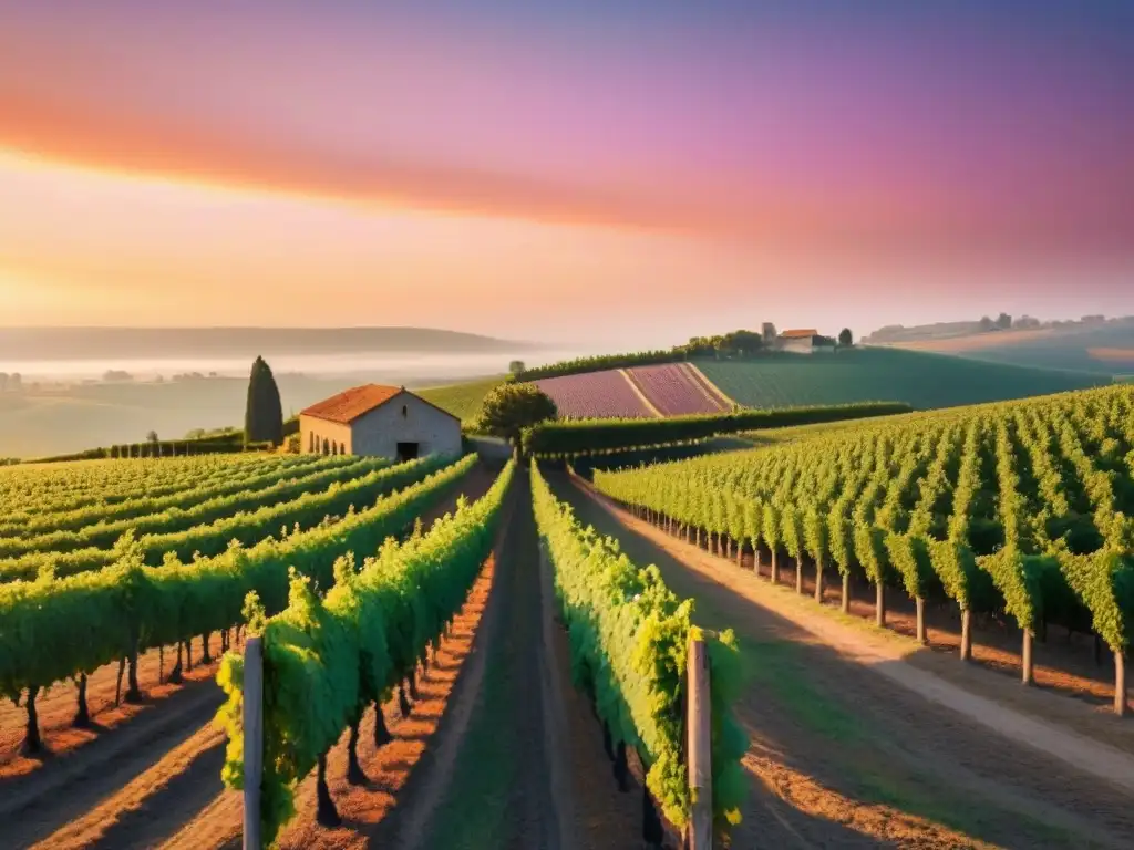 Un viñedo europeo al atardecer con trabajadores y bodega de piedra