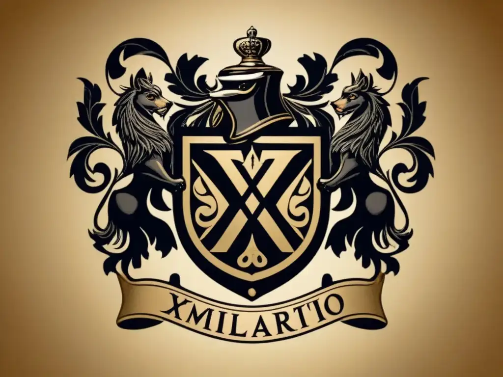 Xilografía vintage detallada de un escudo familiar con apellidos que comienzan con X