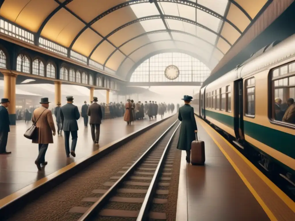 Una ilustración vintage detallada en 8k muestra una estación de tren bulliciosa del siglo XX