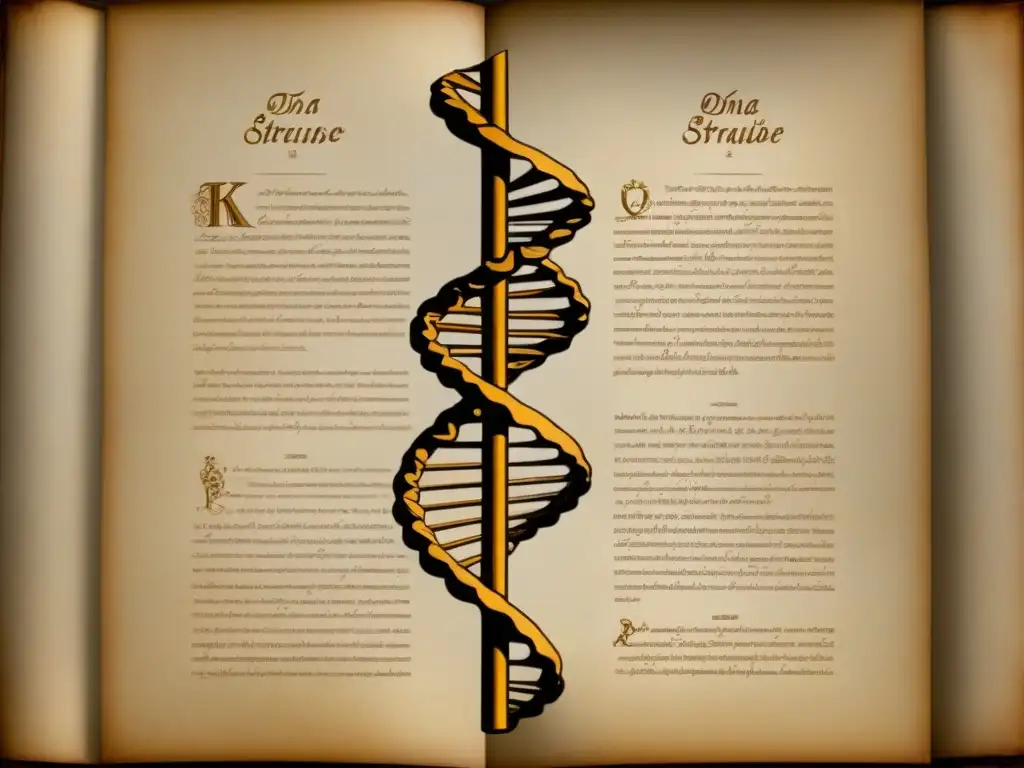 Una ilustración vintage detallada de una estructura de doble hélice de ADN, en pergamino antiguo