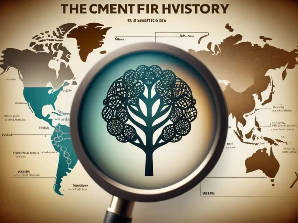 Una ilustración vintage detallada con lupa sobre ADN y árbol genealógico, en un mapa mundi sepia