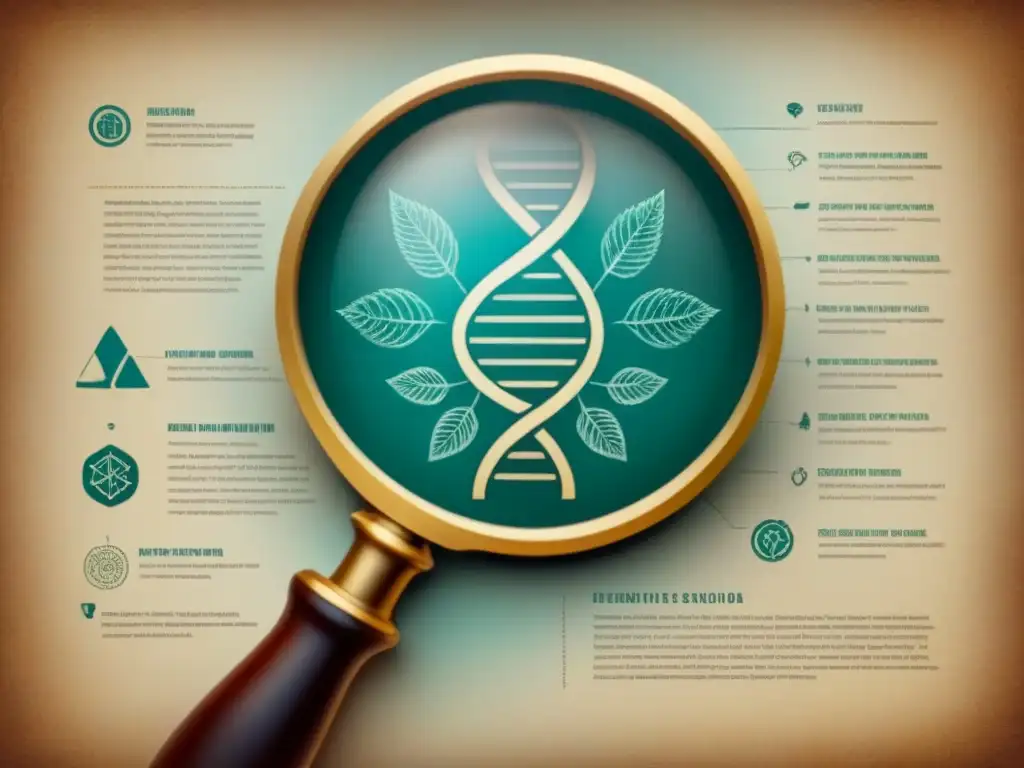 Una ilustración vintage detallada con una lupa revelando una estructura de ADN entrelazada con símbolos antiguos