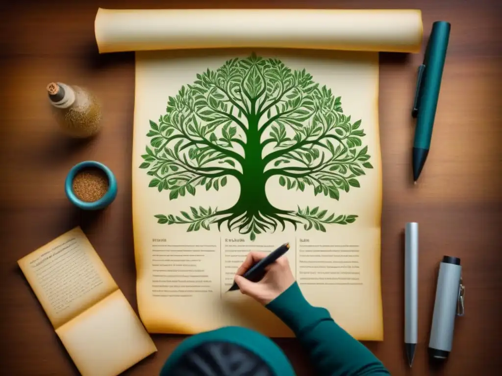 Un ilustración vintage detallada en 8k de una persona documentando un árbol genealógico en pergamino con pluma de ave