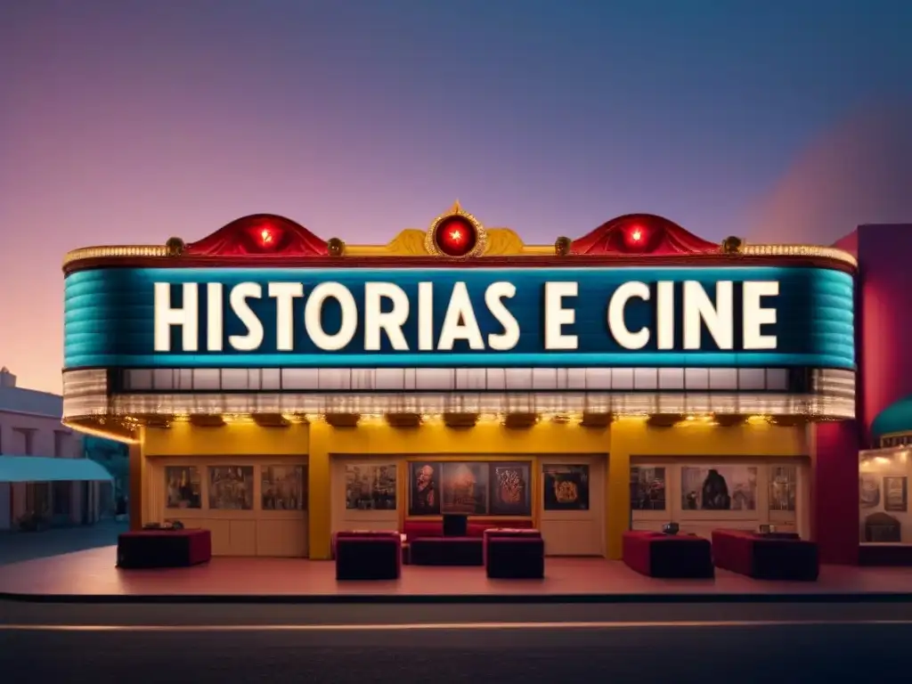 Marquee vintage iluminado al anochecer con 'Historias de apellidos en el cine indie', rodeado de carteles de cine indie