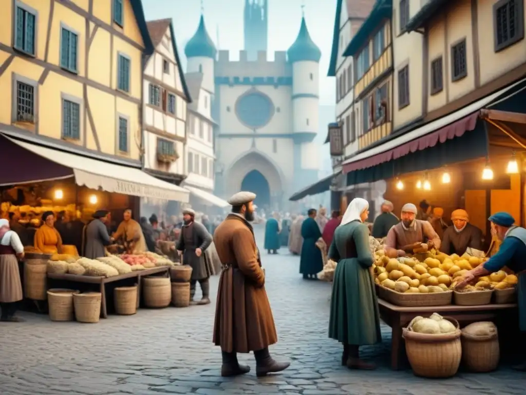 Vista detallada de un bullicioso mercado medieval, reflejando la historia y evolución de los apellidos comunes